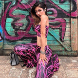 Chicology lightning print boob tube crop top flare pants 2019 summer 2 two piece matching co ord set women festival clothes-[rave outfit]-Euphoria