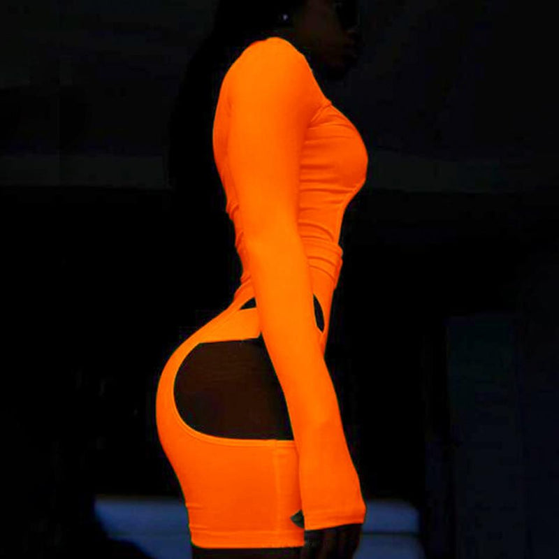 Fluorescent Orange Cutout Bodysuit-[rave outfit]-Euphoria