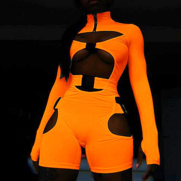 Fluorescent Orange Cutout Bodysuit-[rave outfit]-Euphoria