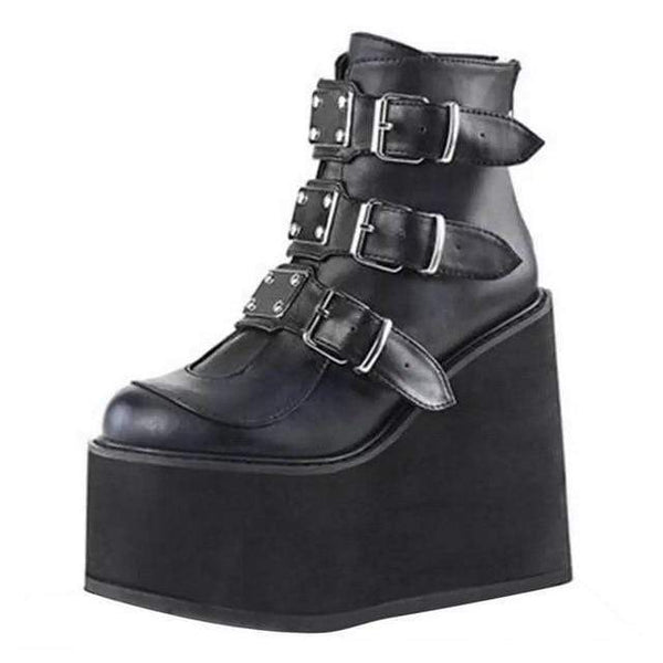 Winter Gothic Punk Womens Platform Boots Black Buckle Strap zipper Creeper Wedges Shoes Mid Calf Military Combat Boots-[rave outfit]-Euphoria